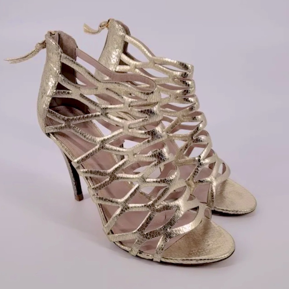 ✨NEW✨ Elie Tahari Lola Gold Snakeskin Caged Heels Sz 39